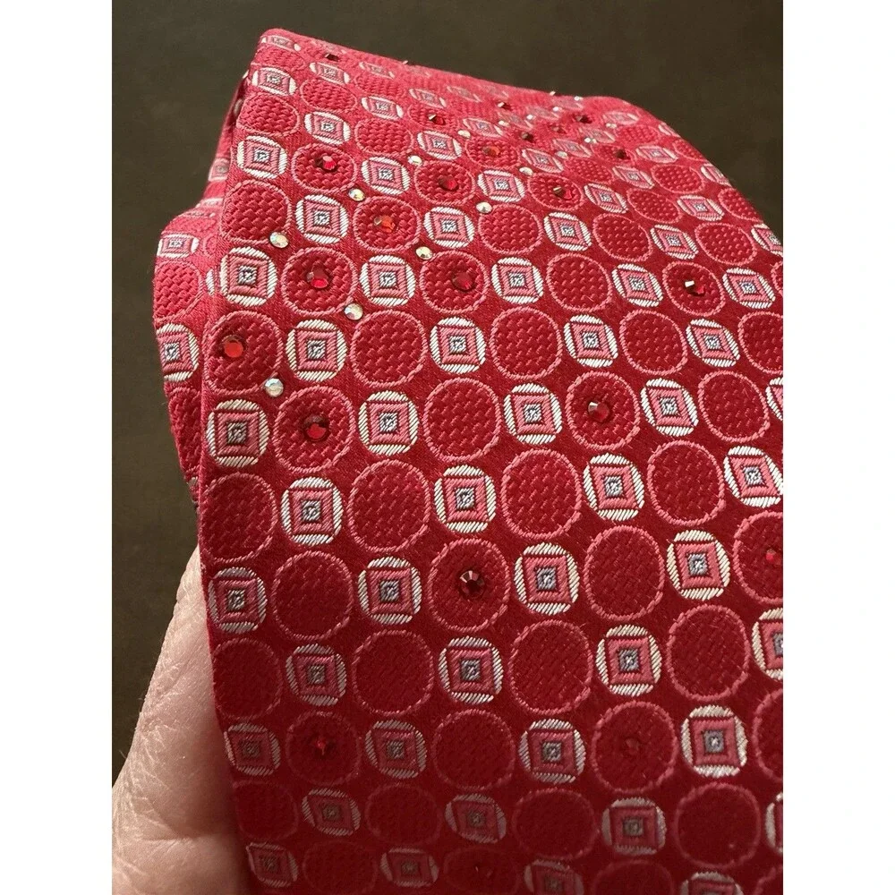 AQUASCUTUM 100% Red Silk Tie With Embellished Rhinestone Bling